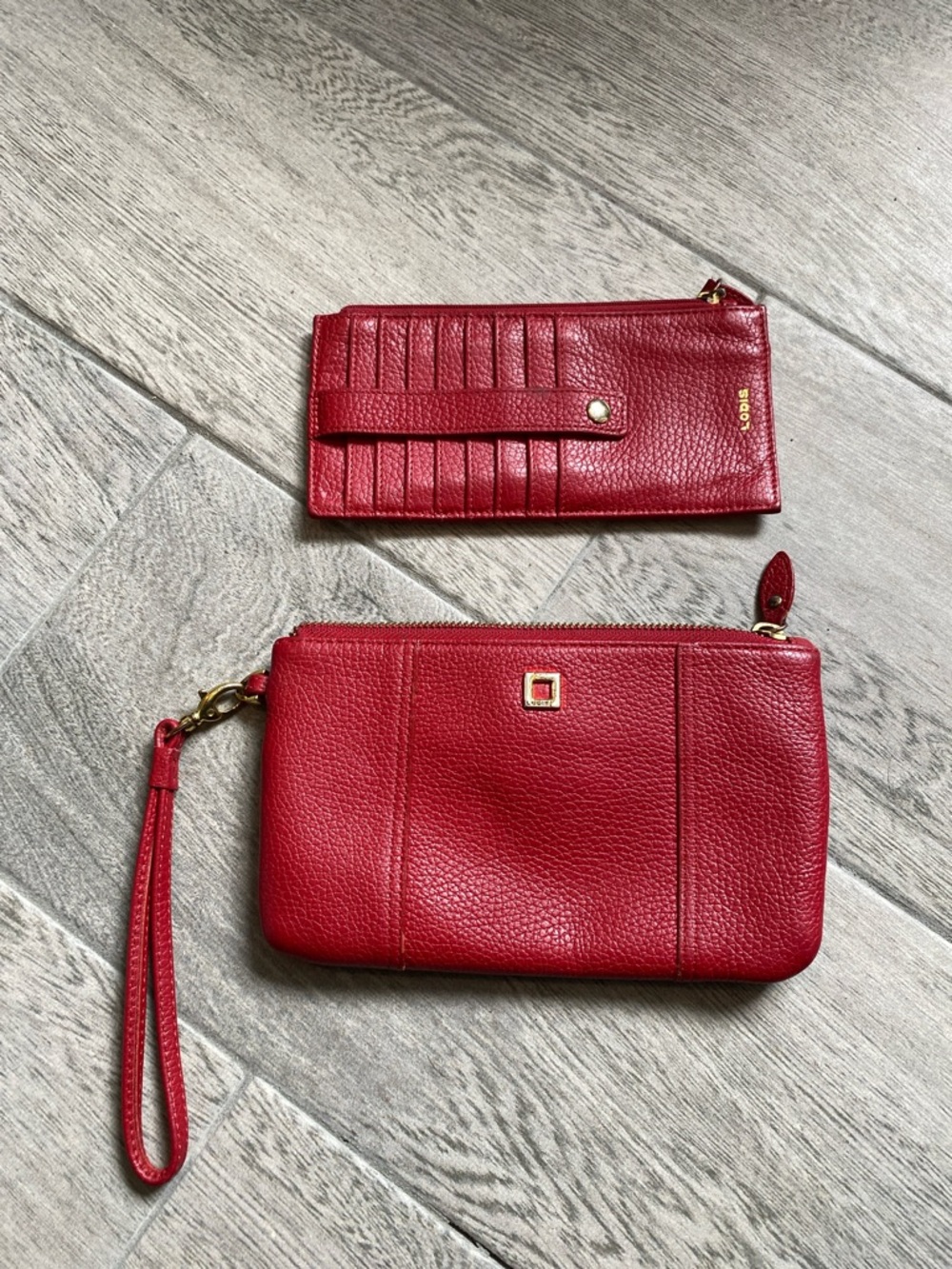 Red Leather Wristlet Clutch and Card Case Set
